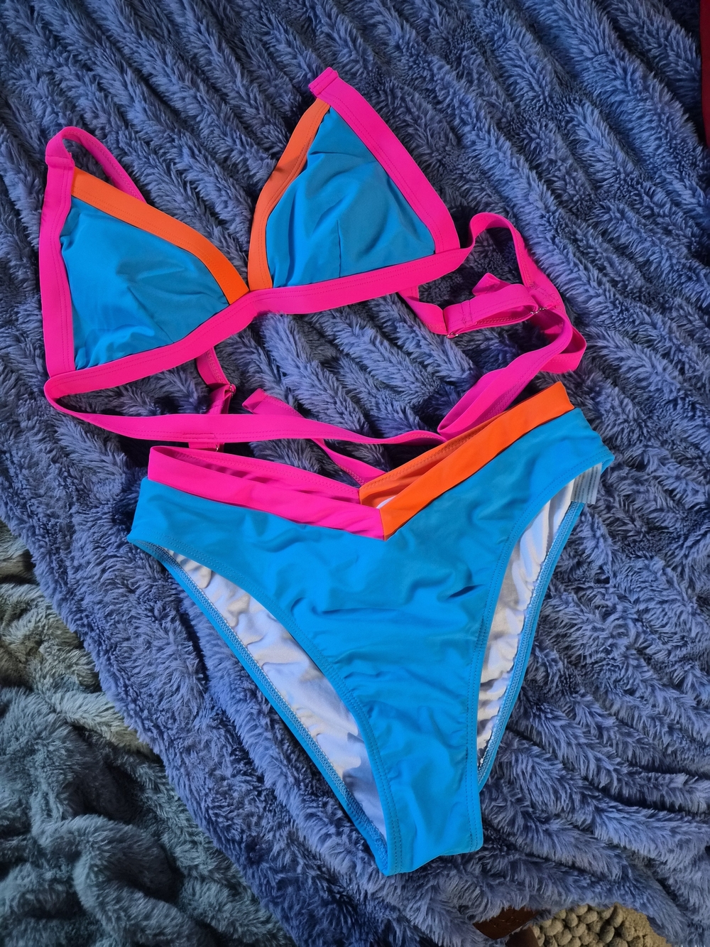 Colorblock Blue Bikini Set with Pink & Orange Trim